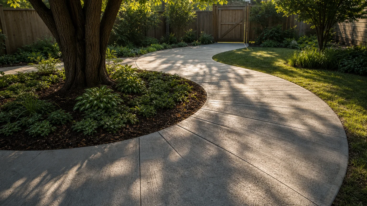Concrete garden path curving gently around a mature tree with a mulched planting bed.