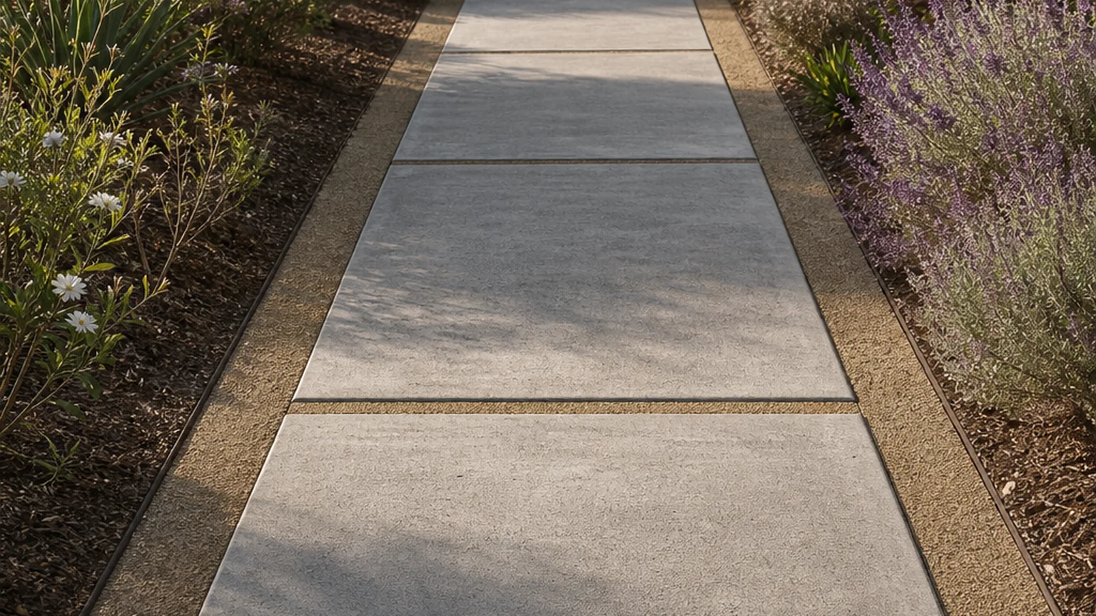 Concrete garden path with narrow decomposed granite shoulders and drought-tolerant planting.