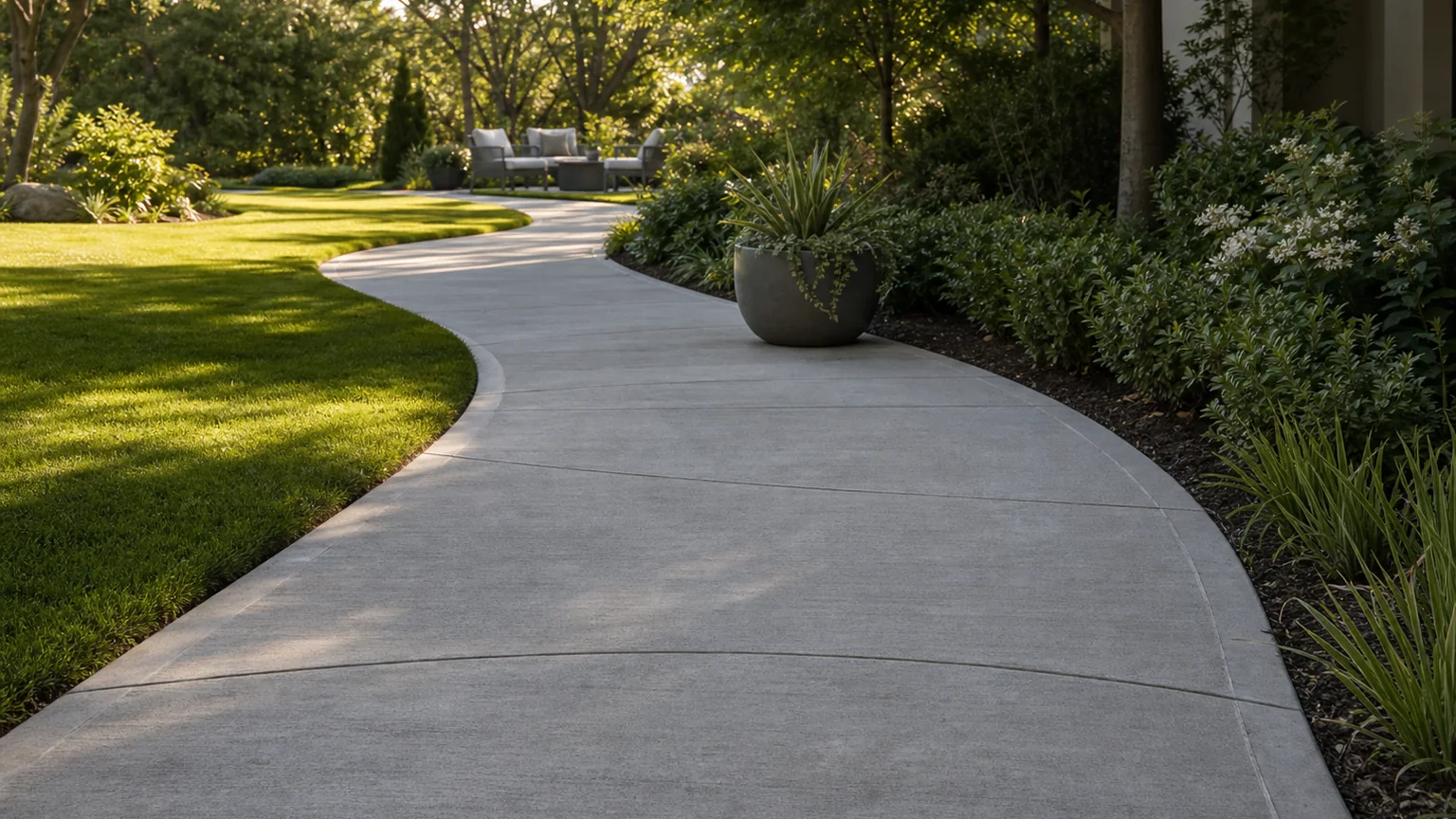 Concrete garden path with a gentle S-curve through layered shrubs and lawn.