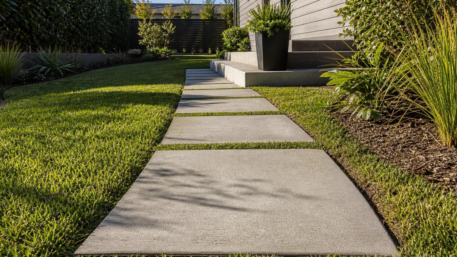 Concrete garden path with broad slabs separated by narrow grass joints in a backyard.