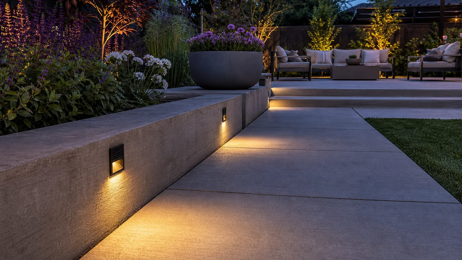 Concrete garden path with subtle recessed edge lighting and flowering planting at dusk.