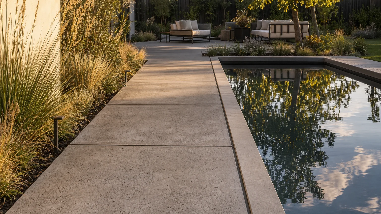 Concrete garden path beside a narrow reflecting pond and layered residential planting.