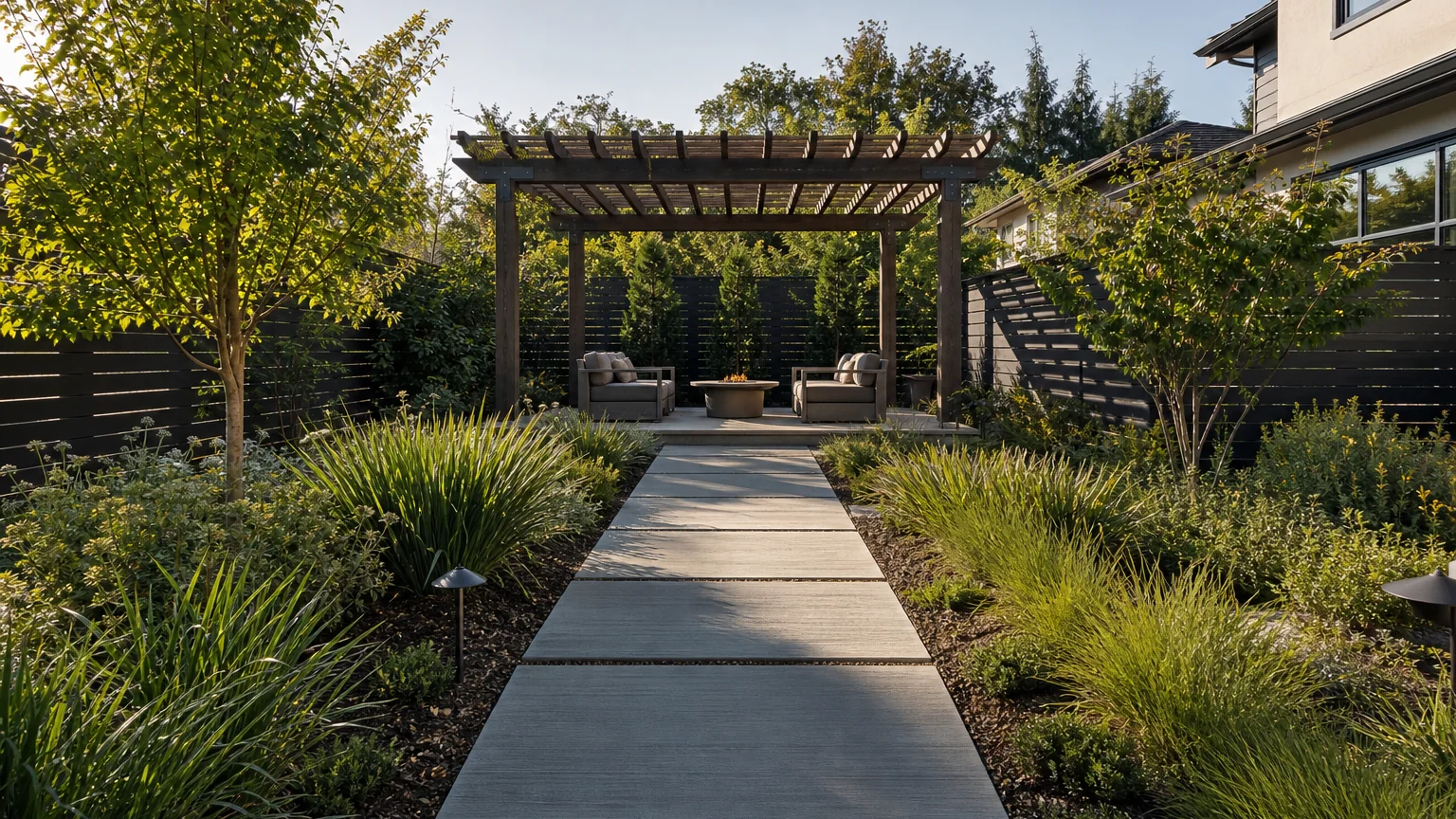 Concrete garden path leading to a freestanding pergola and compact backyard seating area.