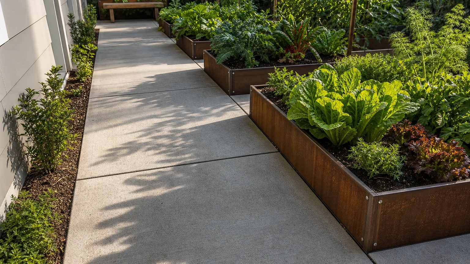 Concrete service path running beside raised kitchen-garden beds in a backyard.