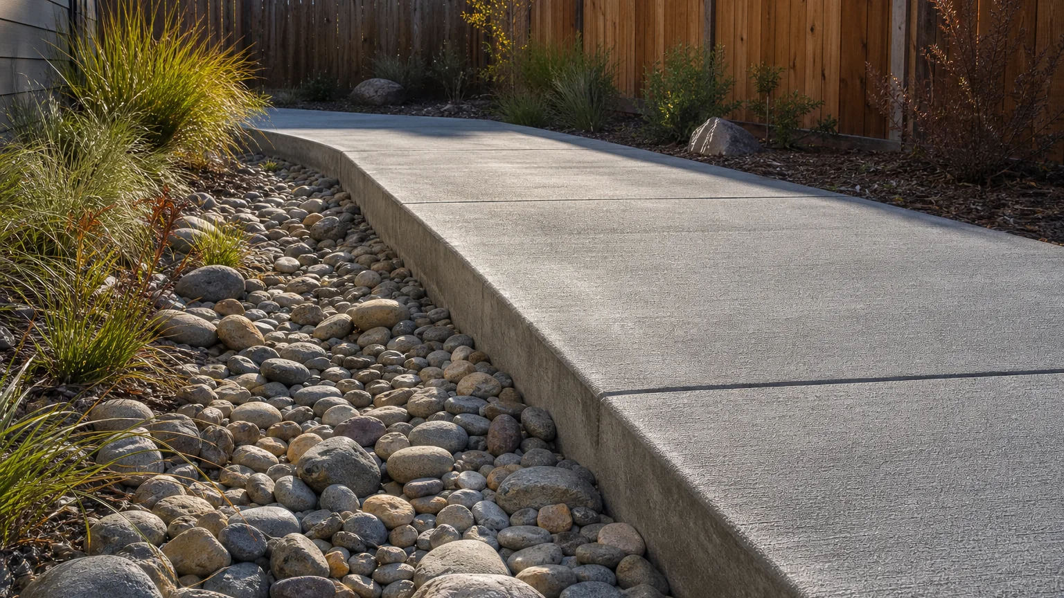 Concrete garden path beside a dry stream bed with natural stone and low planting.