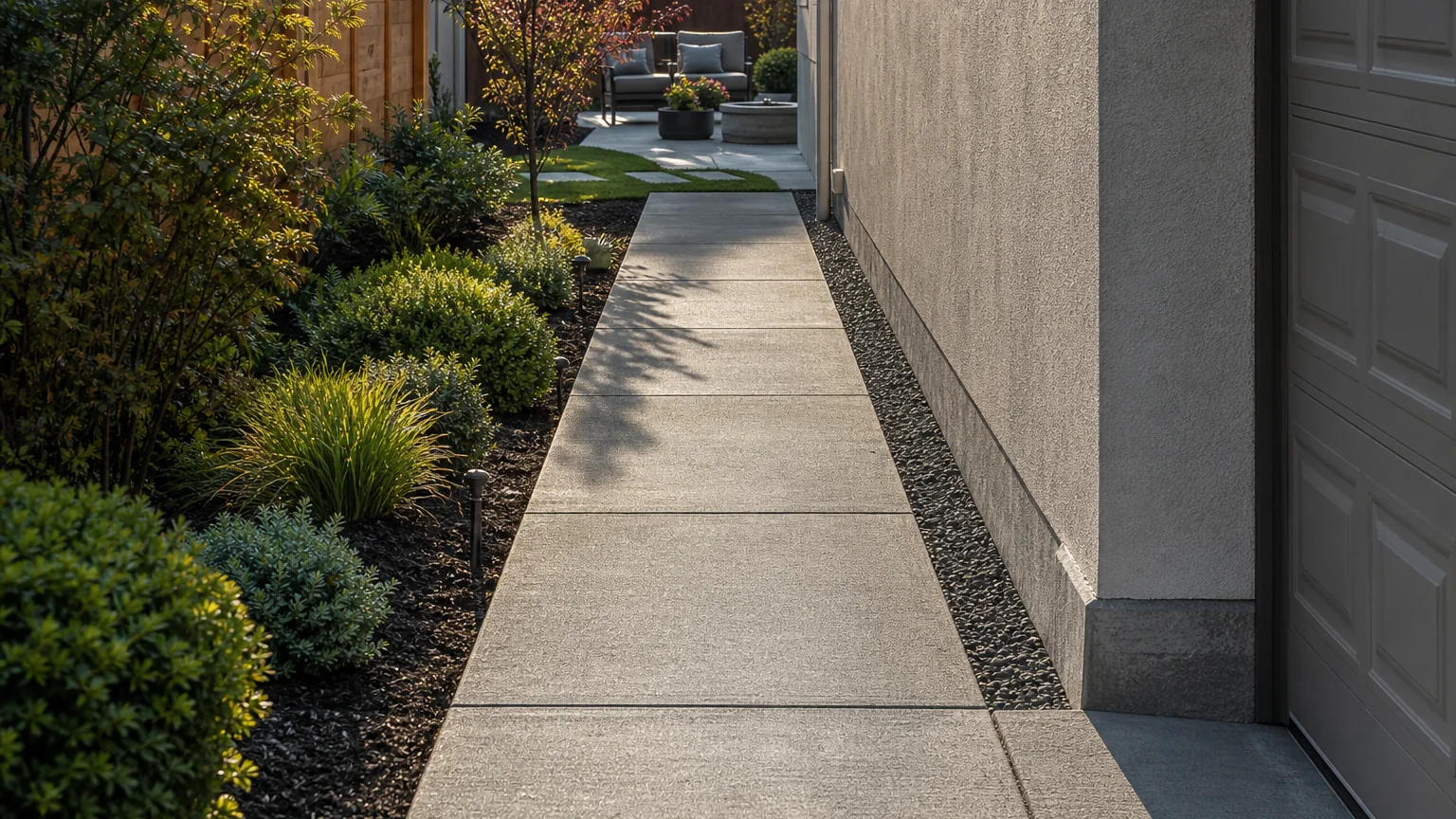 Concrete side path linking a driveway to a backyard patio through low planting.