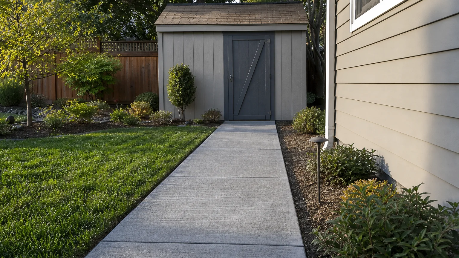 Practical concrete garden path leading to a small backyard shed beside lawn and planting.