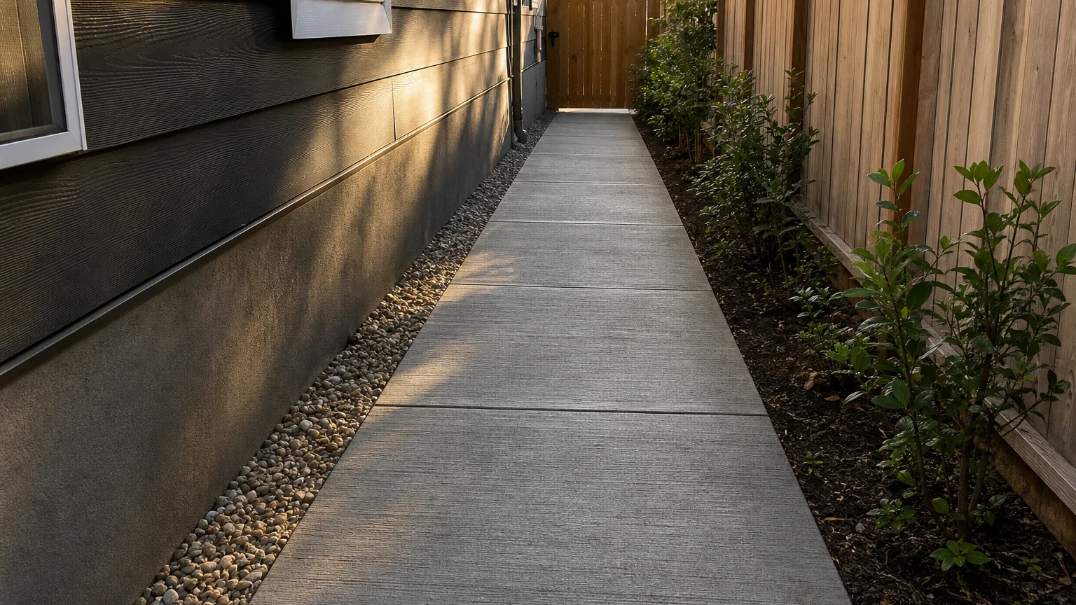 Practical concrete side path leading to a utility gate beside a suburban house.