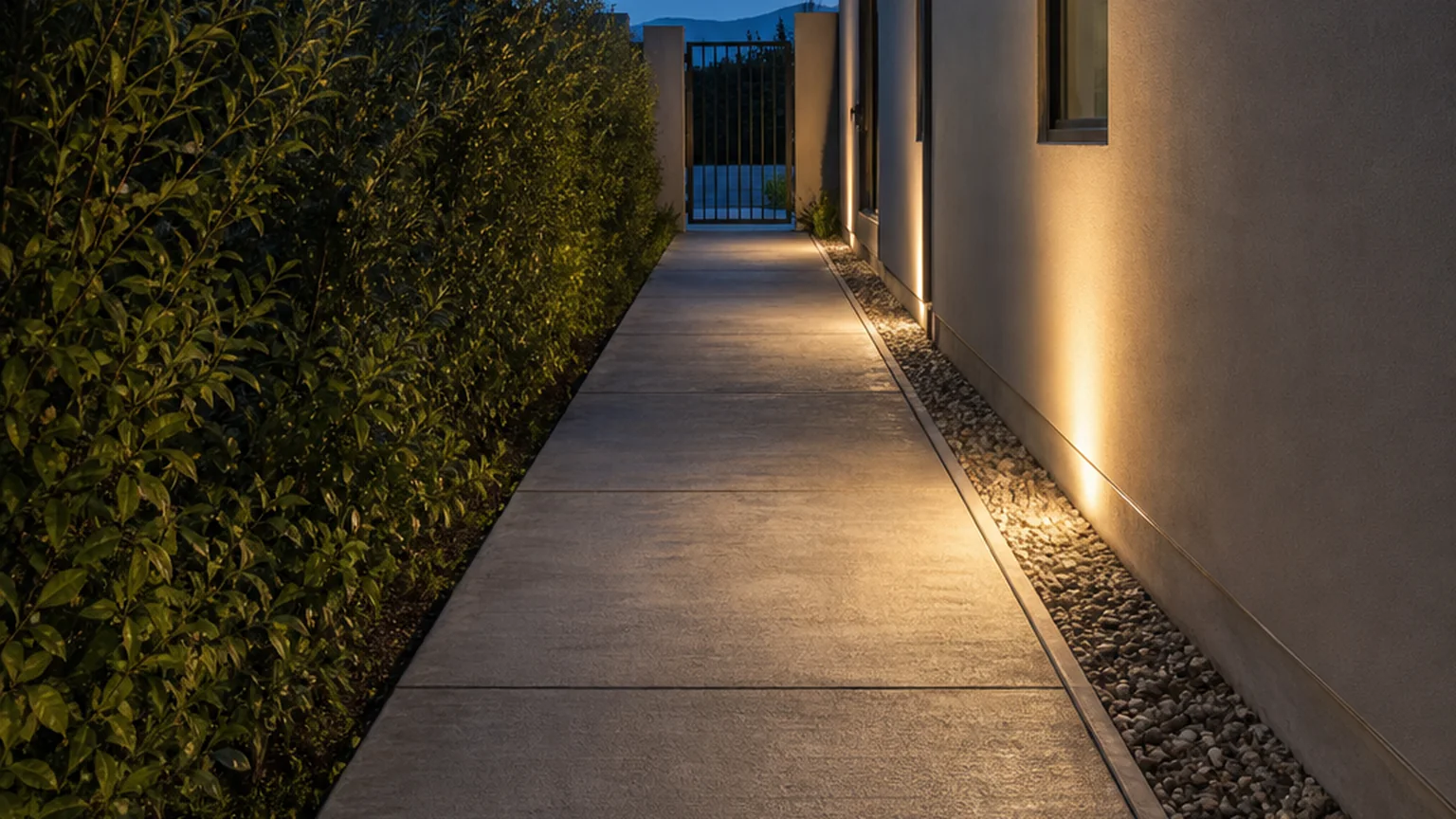 Concrete side-yard path with soft wall-wash lighting, gravel edging, and screening plants.