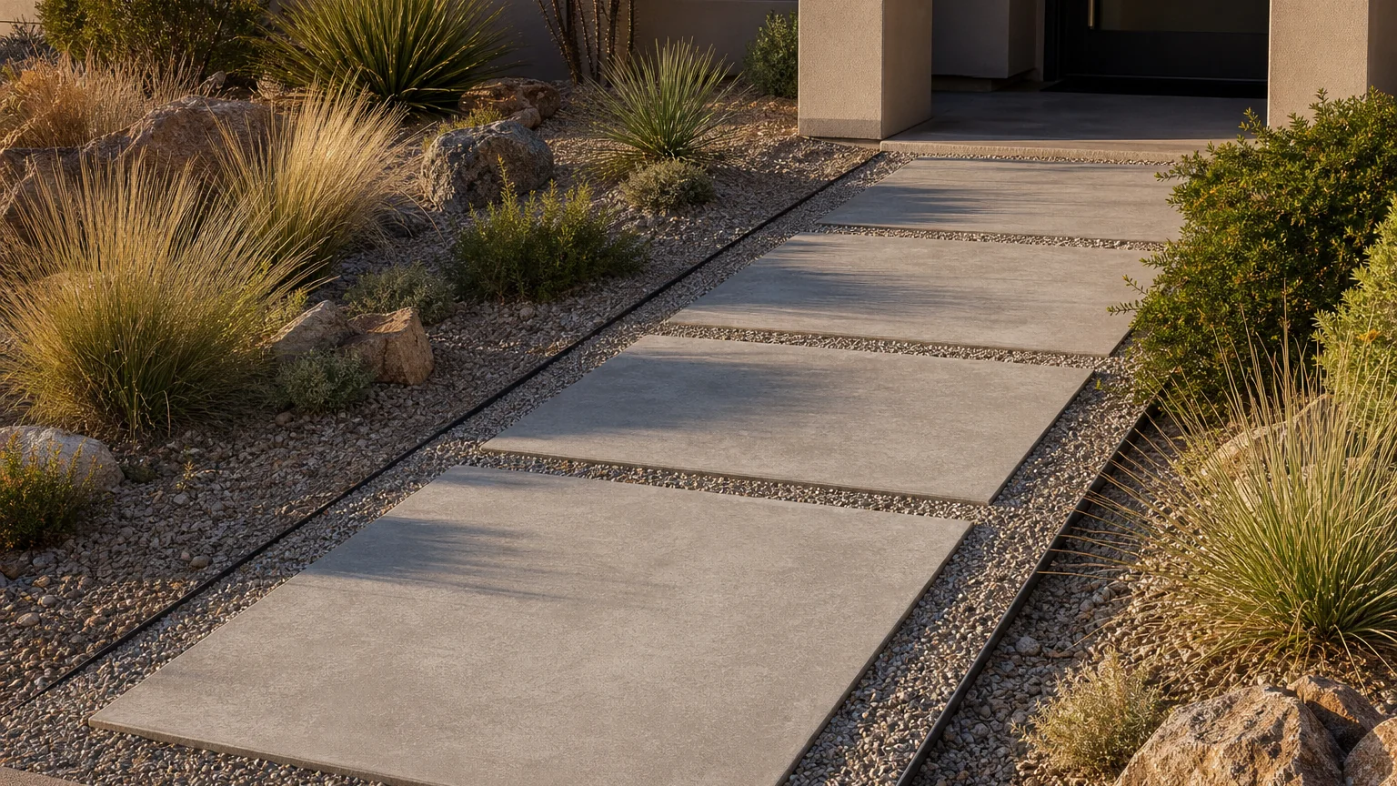 Concrete stepping slabs set in gravel xeriscape planting leading to a modern front entry.
