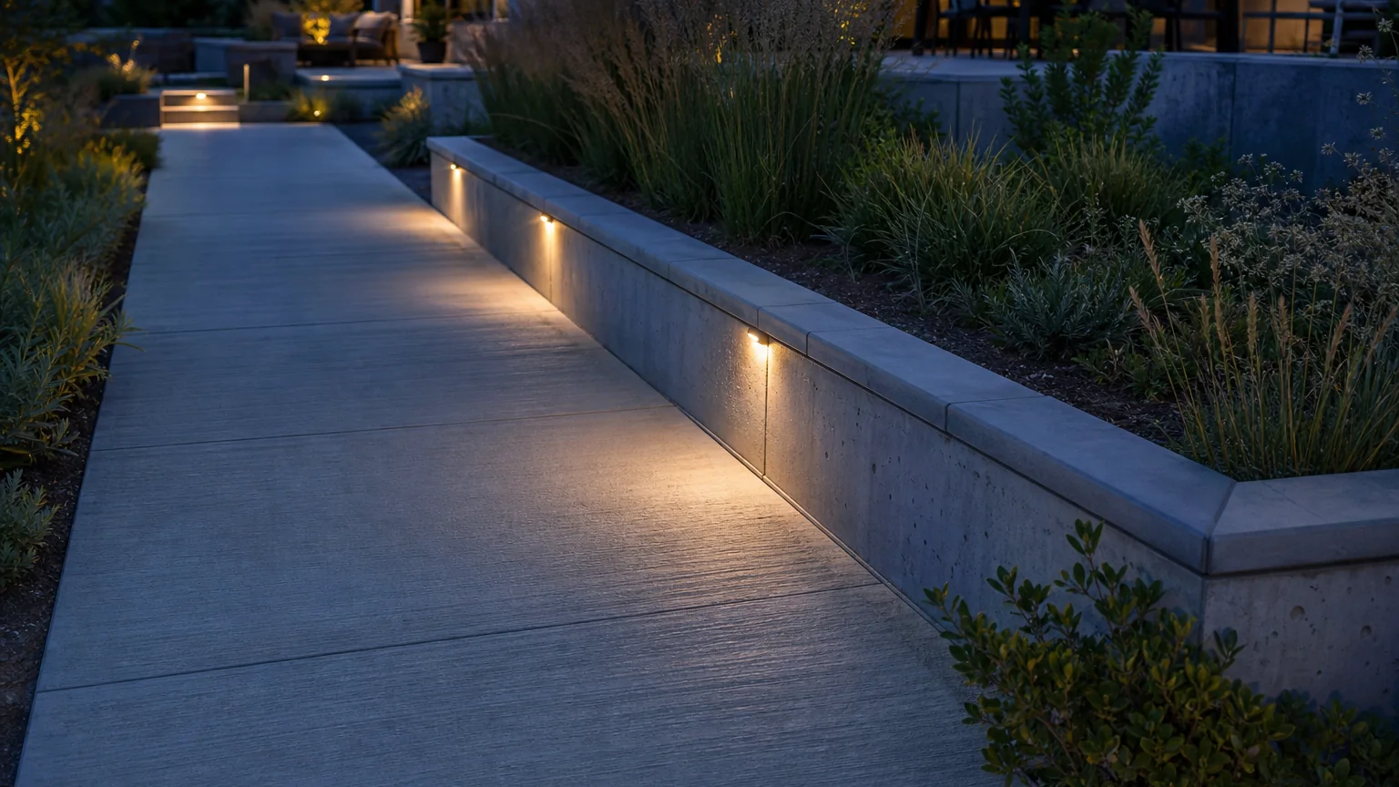 Concrete walkway beside a low seat wall with integrated warm lighting and planted edges.
