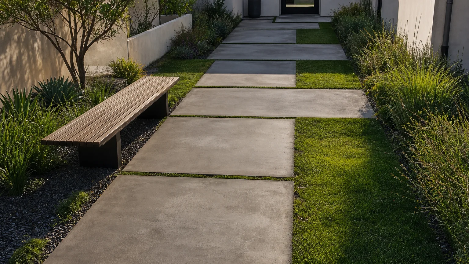 Concrete and lawn-panel courtyard path leading through a compact modern residential garden.