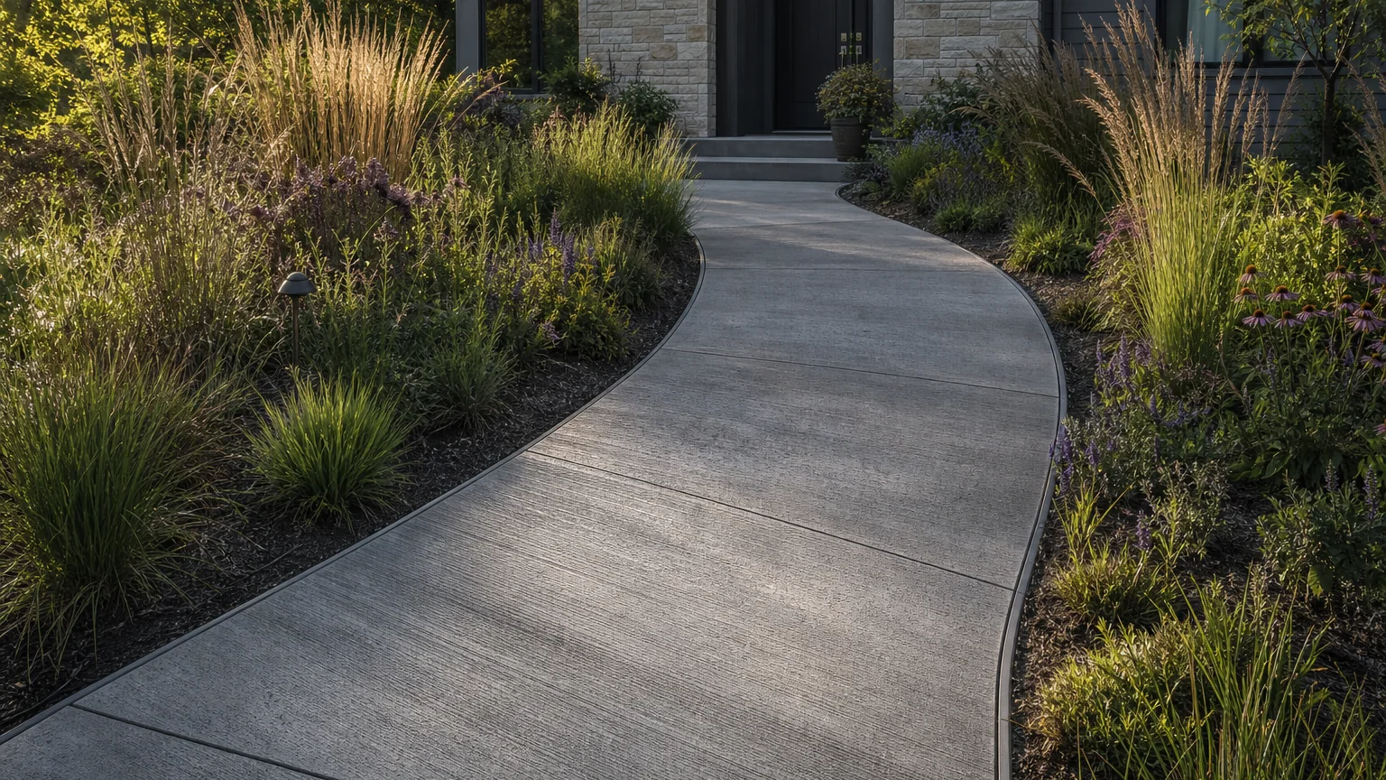 Curved concrete front path winding through meadow-style grasses and flowering perennials.