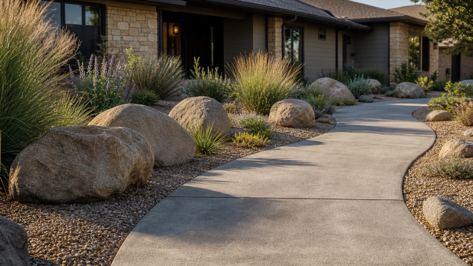Curved concrete path around a low boulder garden with drought-tolerant planting.