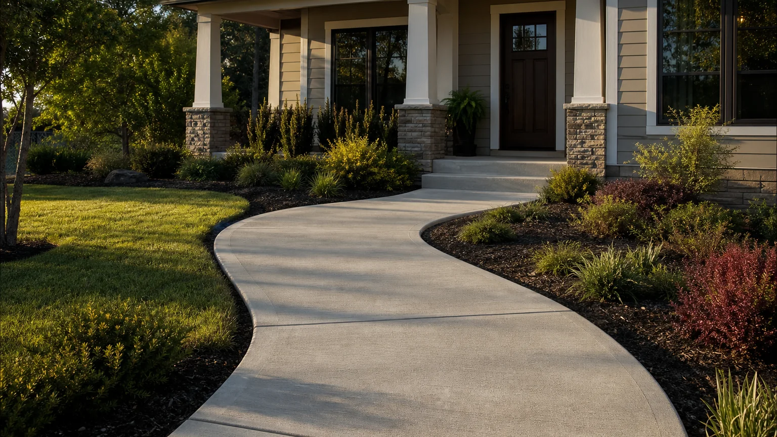 Curved concrete walkway leading through planting to a covered front porch.