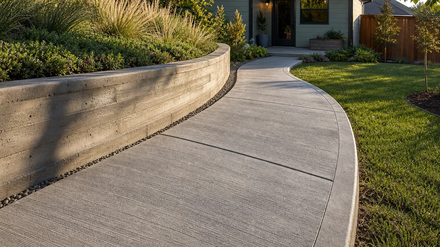 Curving concrete path beside a low planted retaining edge on a gentle backyard slope.