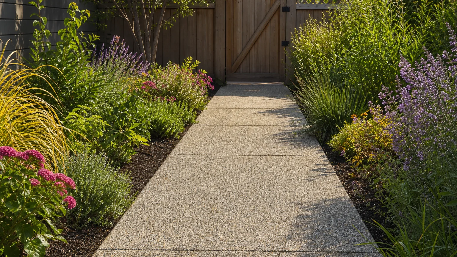 Exposed aggregate concrete garden path bordered by shrubs and flowering perennials.