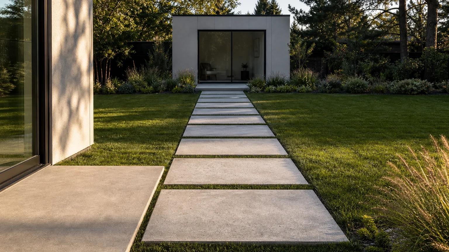 Concrete stepping-slab path crossing lawn toward a small garden studio in a backyard.
