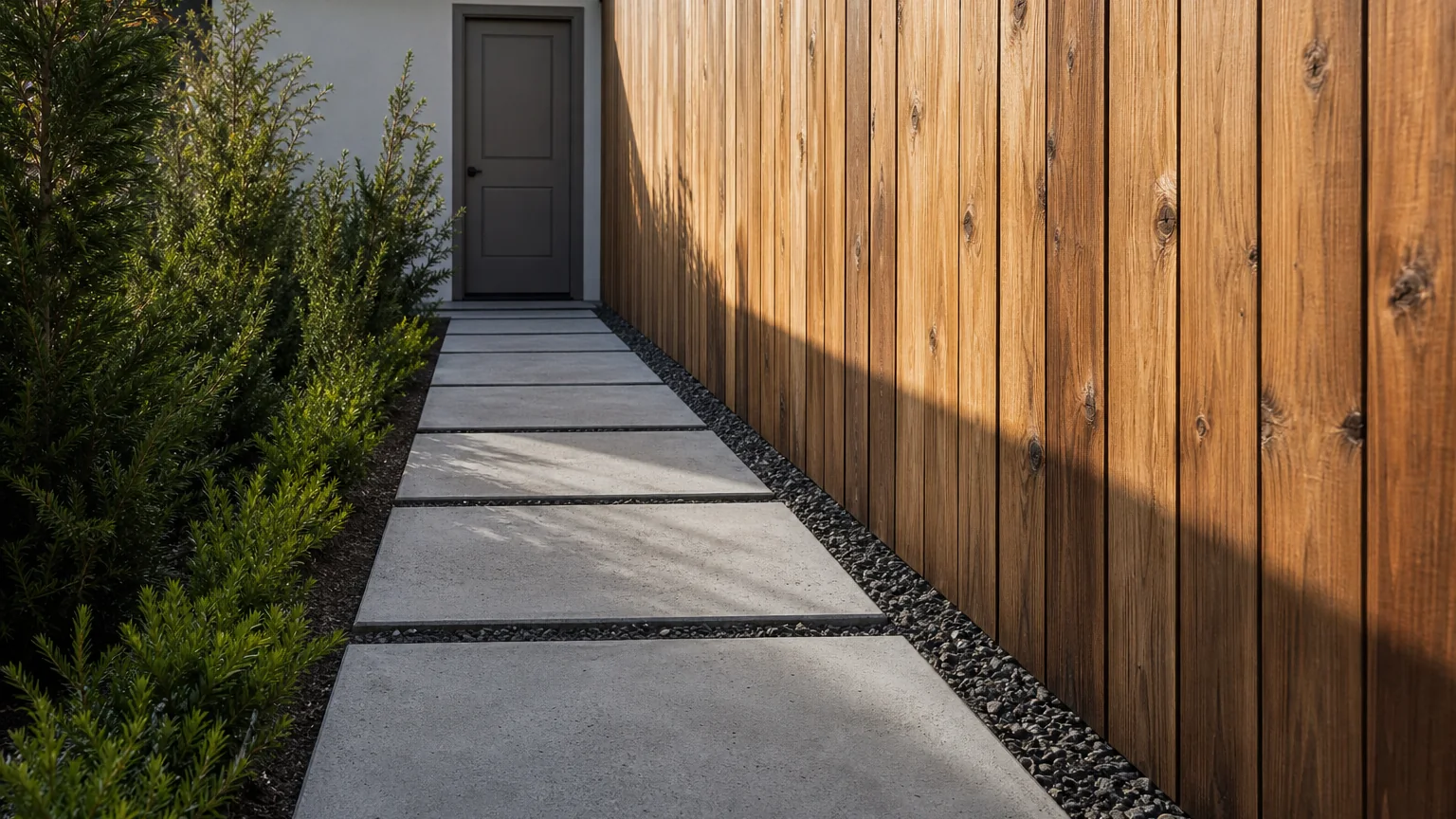 Concrete stepping-slab path beside a timber privacy screen and low evergreen planting.