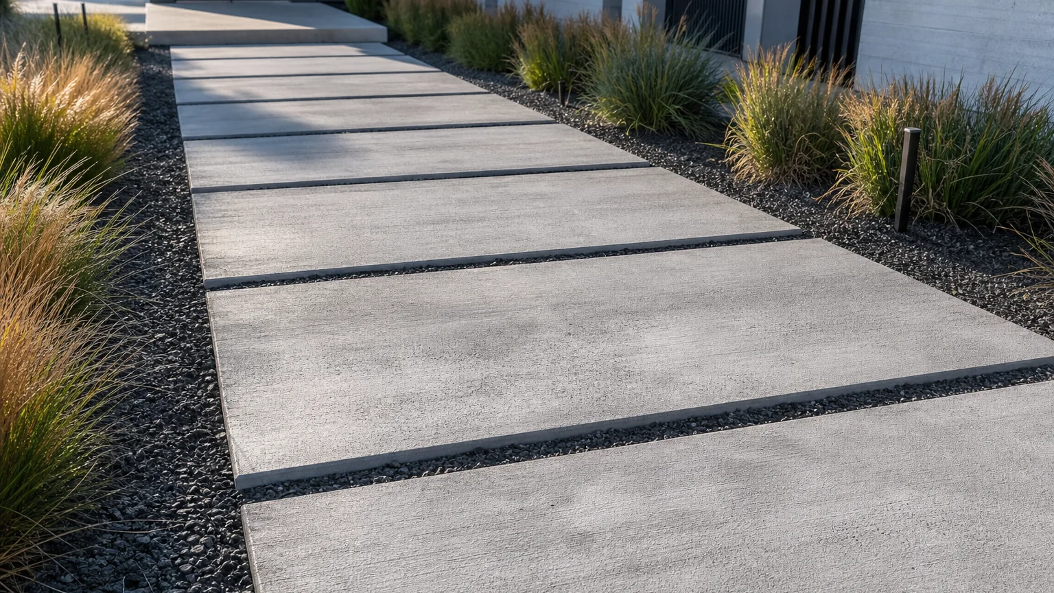 Light concrete stepping slabs set in dark gravel with ornamental grasses beside a modern home.