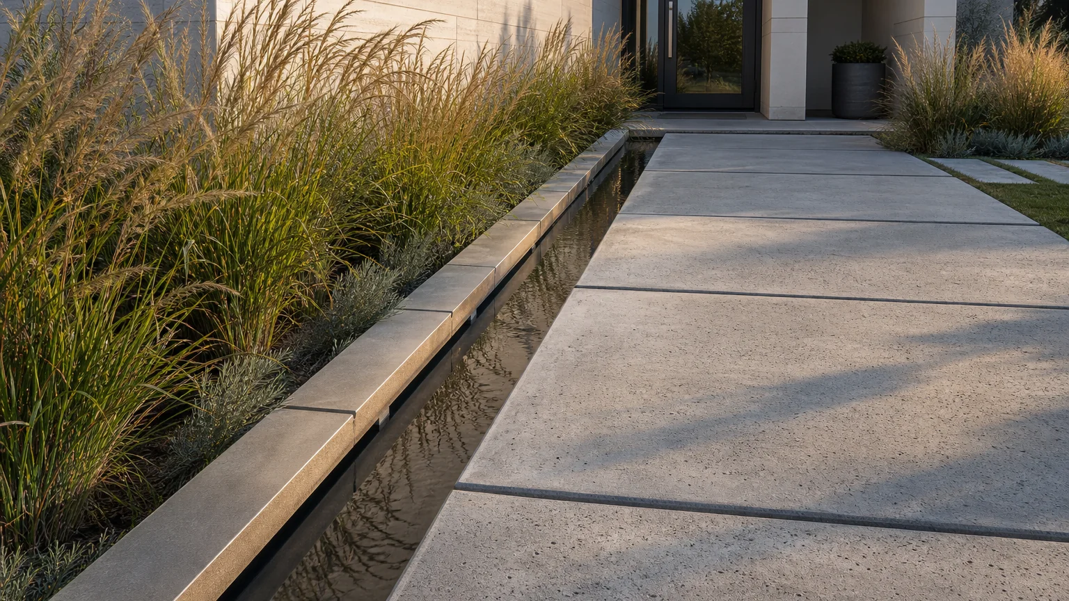 Concrete stepping slabs beside a low linear water feature and modern front planting.