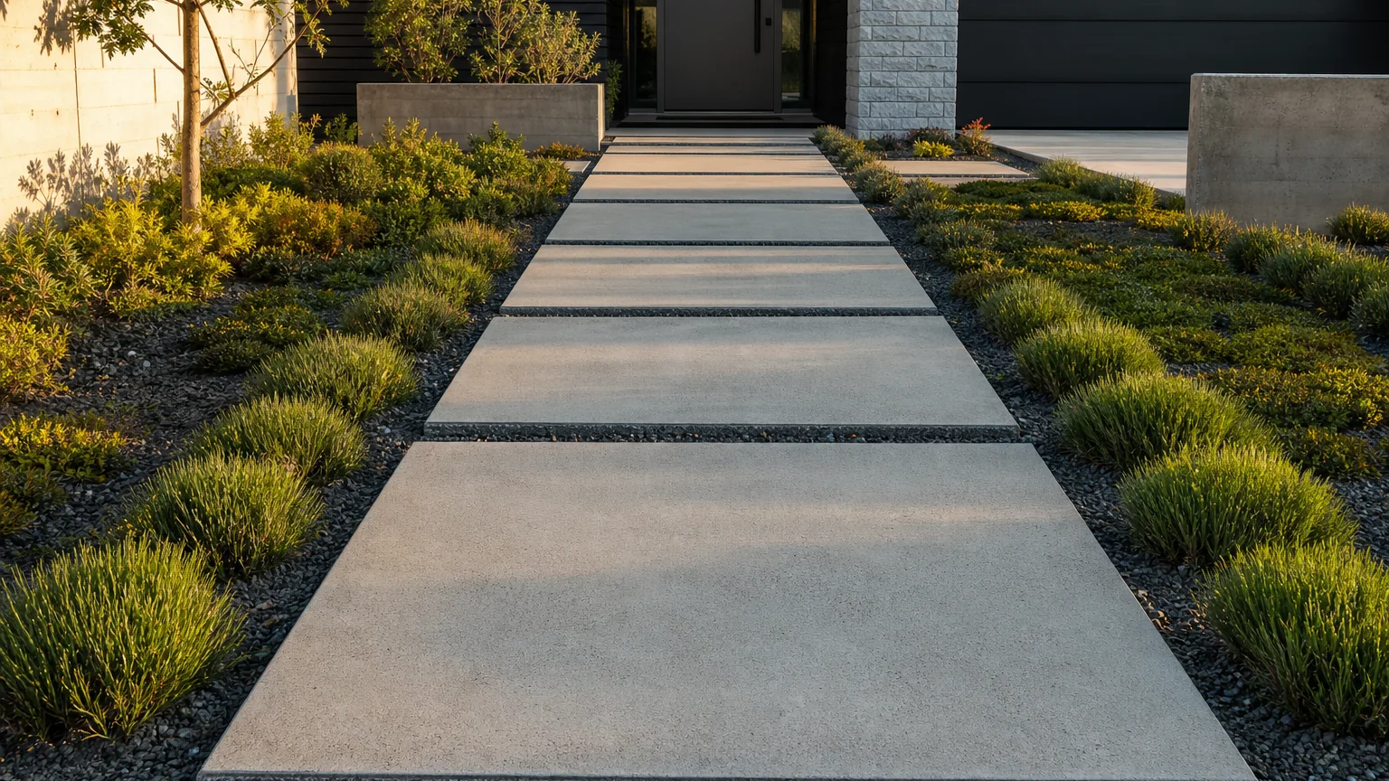 Concrete stepping slabs crossing a structured planting grid toward a contemporary front door.