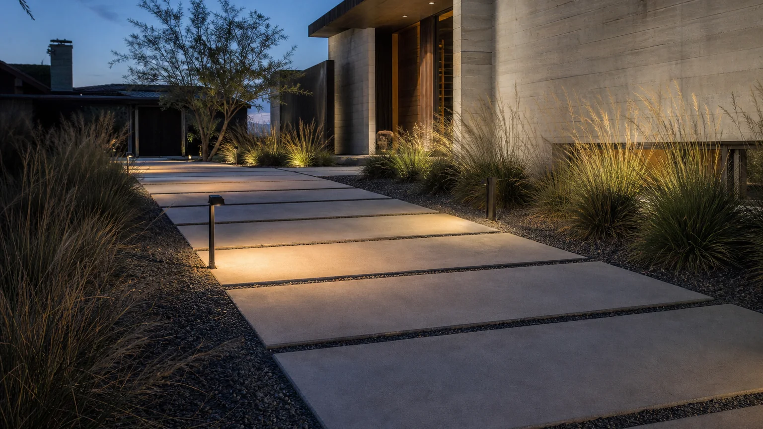 Concrete stepping slabs set in gravel with soft ground lights and modern planting at dusk.