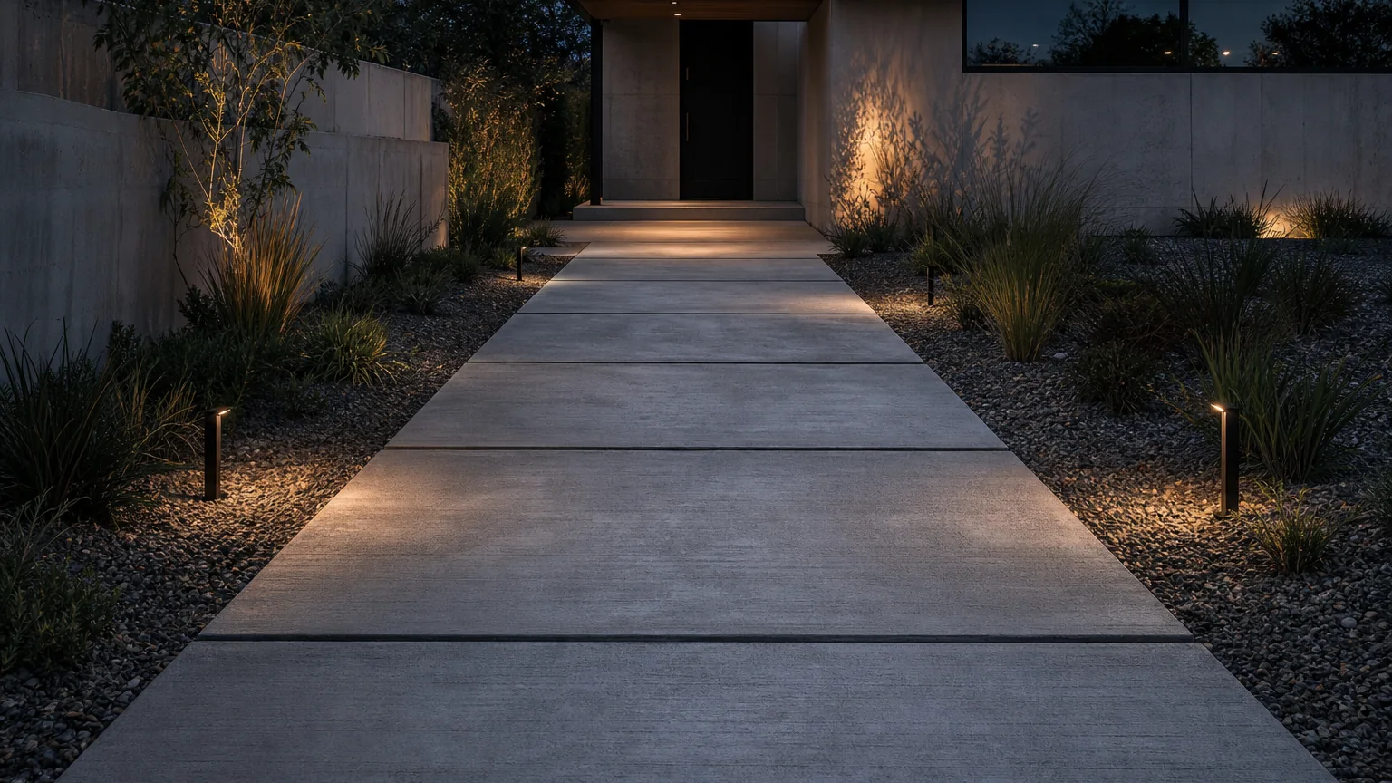 Minimal concrete path with small marker lights through clean modern front-yard planting.