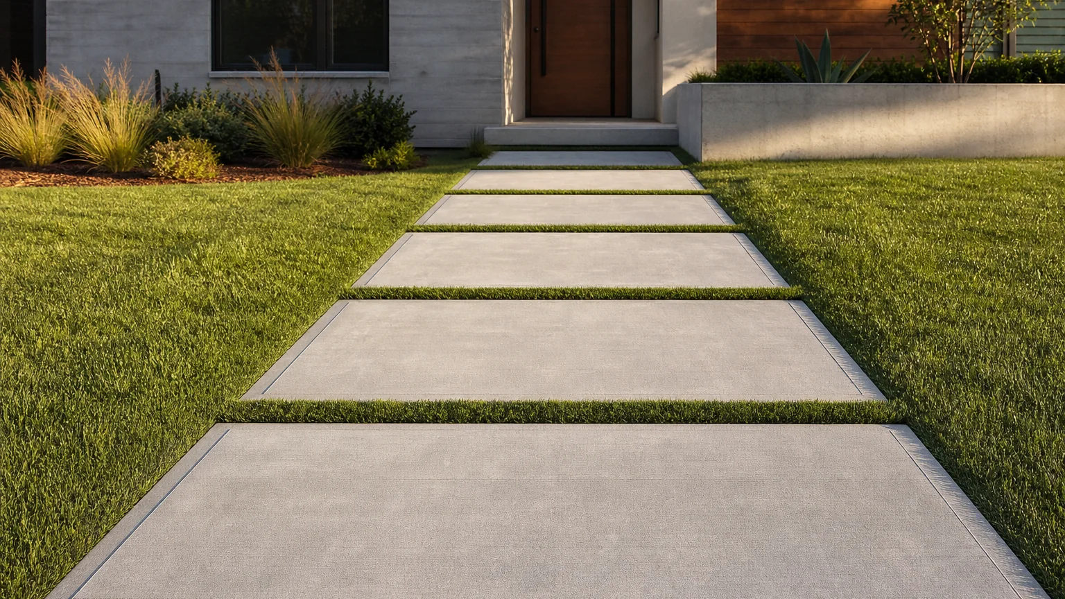 Large concrete stepping slabs set flush through a green lawn toward a modern home entry.