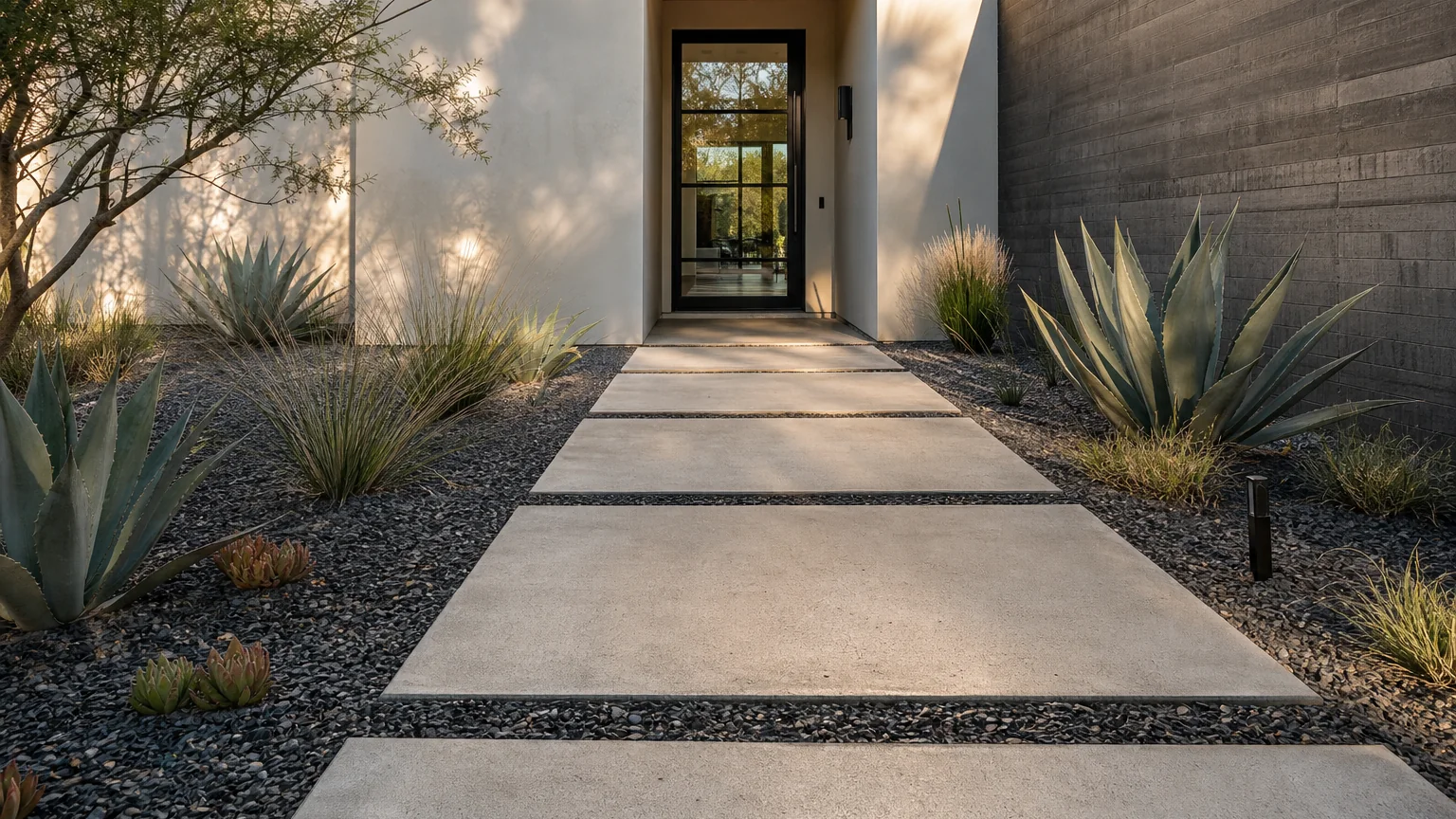 Large concrete stepping slabs crossing a gravel courtyard toward a contemporary entry.