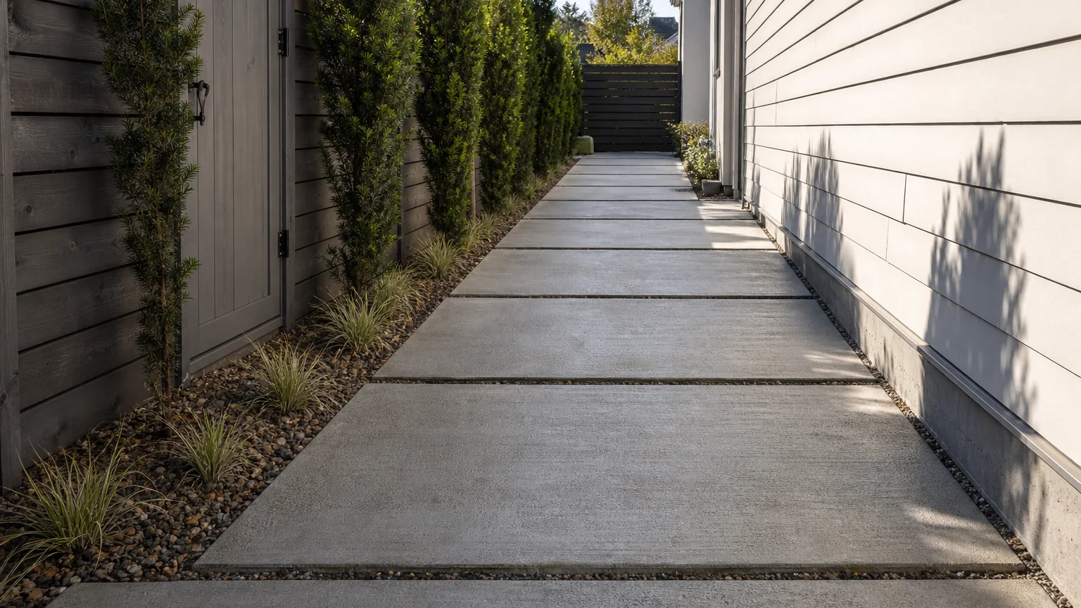 Modern side-yard corridor with large concrete stepping slabs, gravel joints, and screening plants.