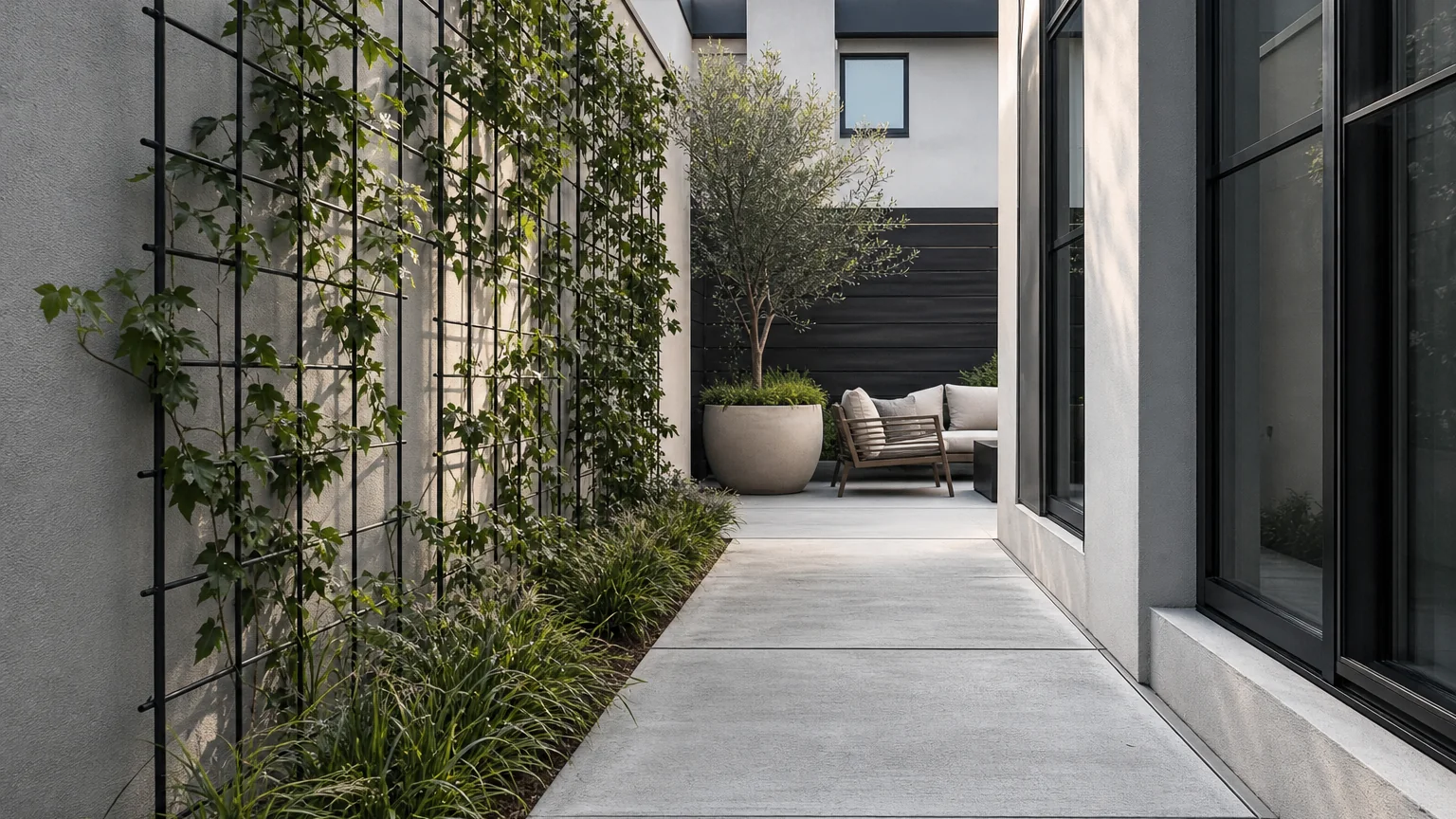 Narrow concrete courtyard path beside a planted wall and compact outdoor seating.