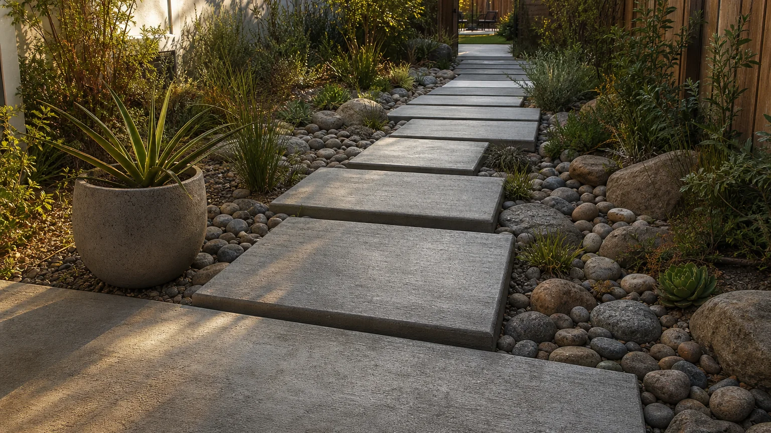 Offset concrete stepping slabs crossing a shallow dry creek bed in a landscaped yard.