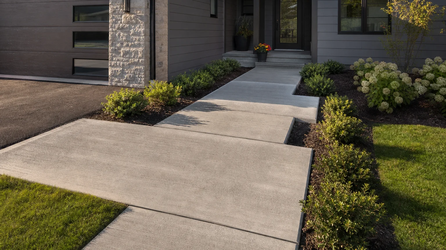 Concrete front walk with offset rectangular panels and structured evergreen planting.