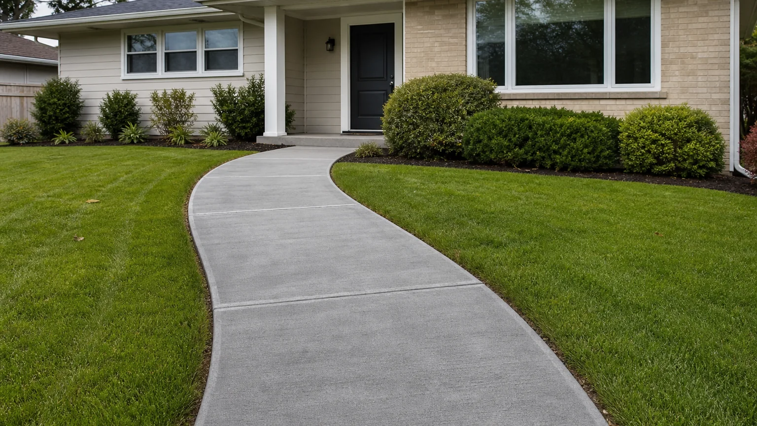 Concrete entry path crossing a lawn toward a single-story ranch home with simple planting.