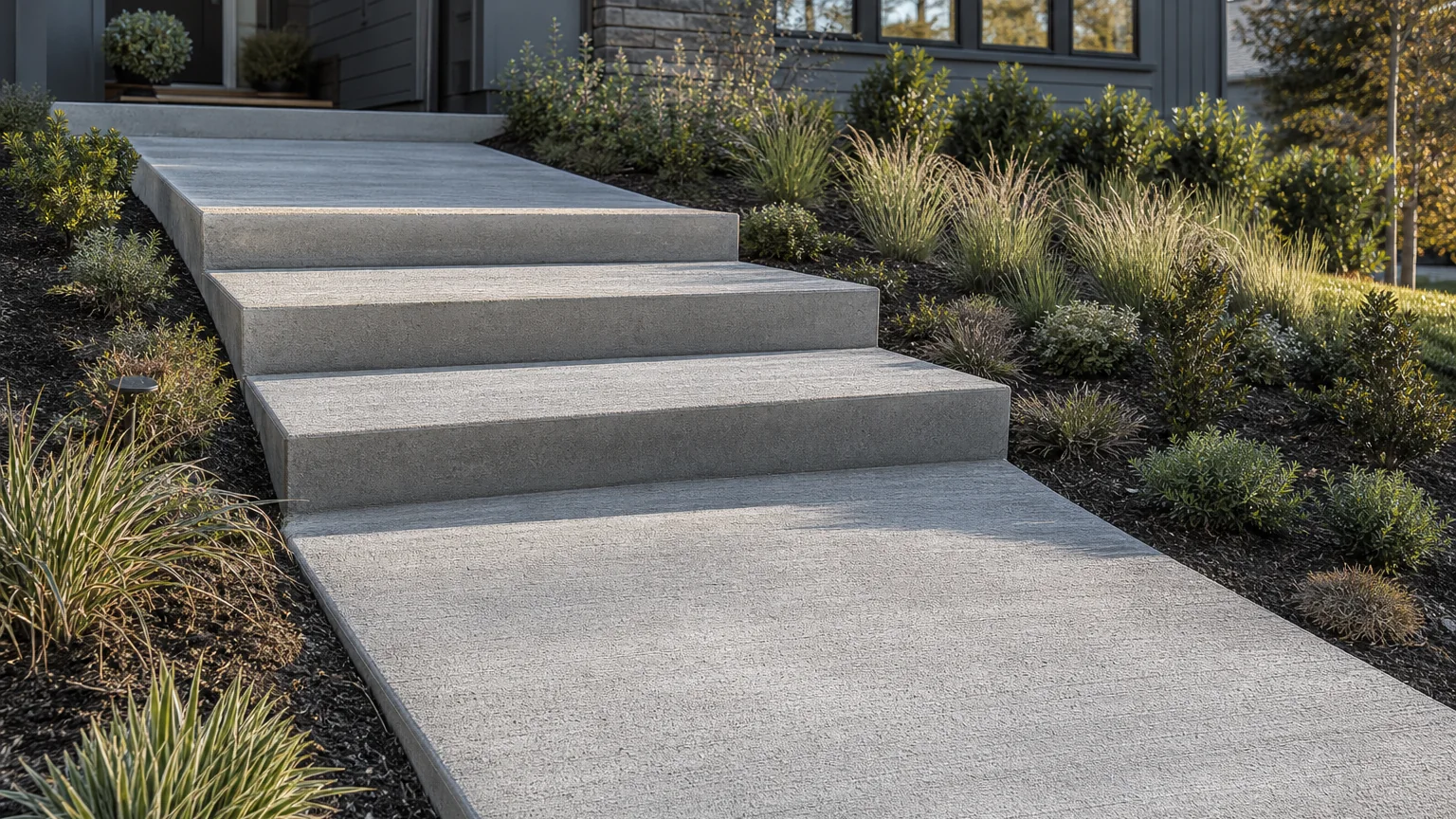 Concrete front walk with broad uniform steps on a gentle landscaped grade.