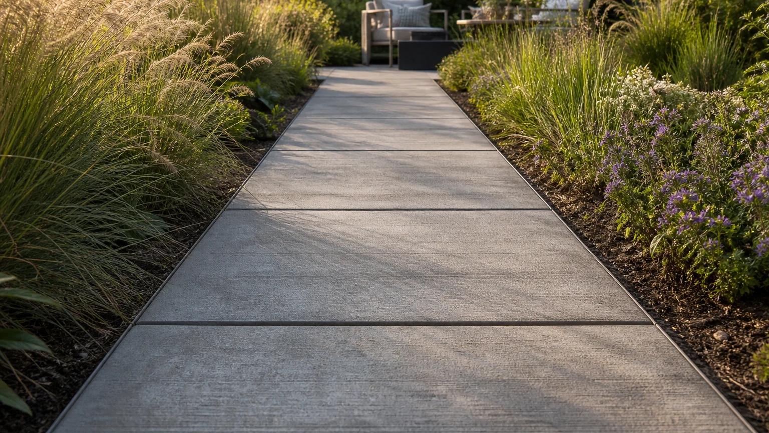 Straight concrete garden path running through ornamental grasses toward a backyard seating area.