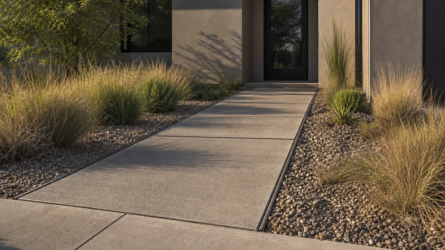 Straight concrete front walk with broad panels, native planting, and a modern home entry.