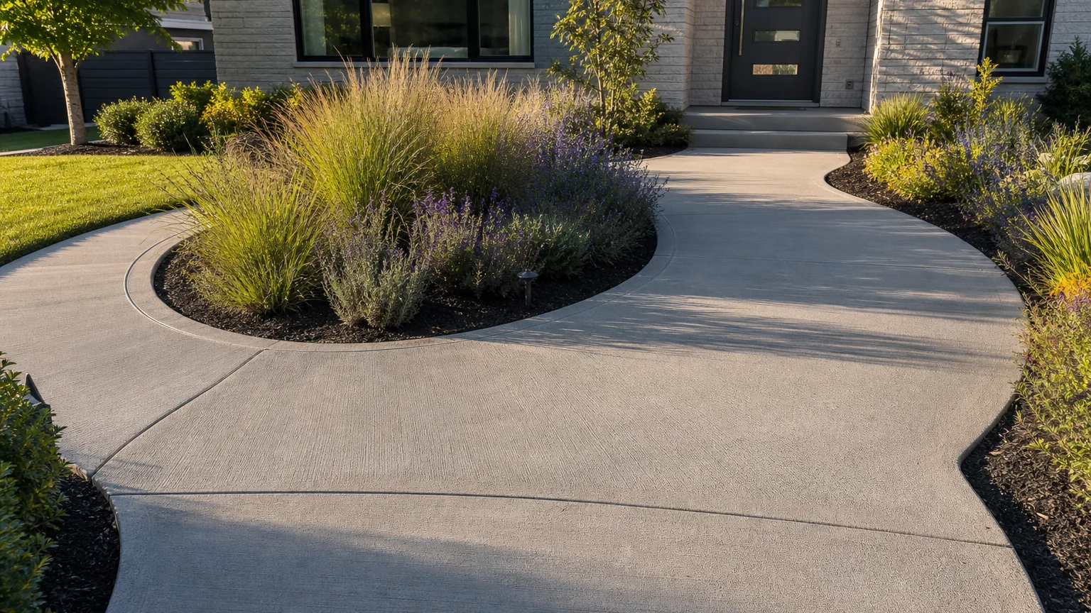 Wide concrete front walk curving around a low planting island toward a modern entry.