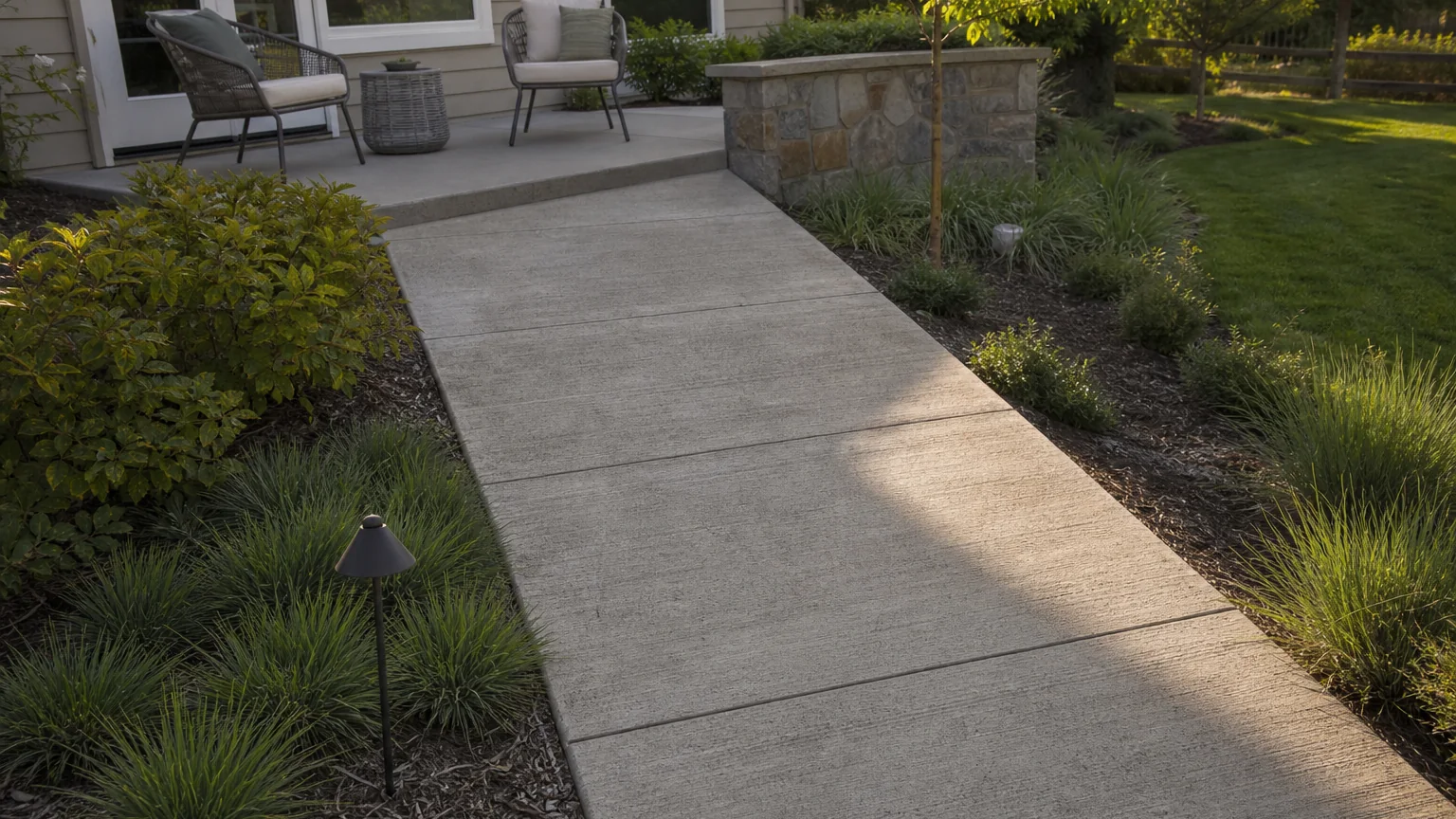 Wide gently sloped concrete garden connection with handrail-free planted edges and a level patio transition.