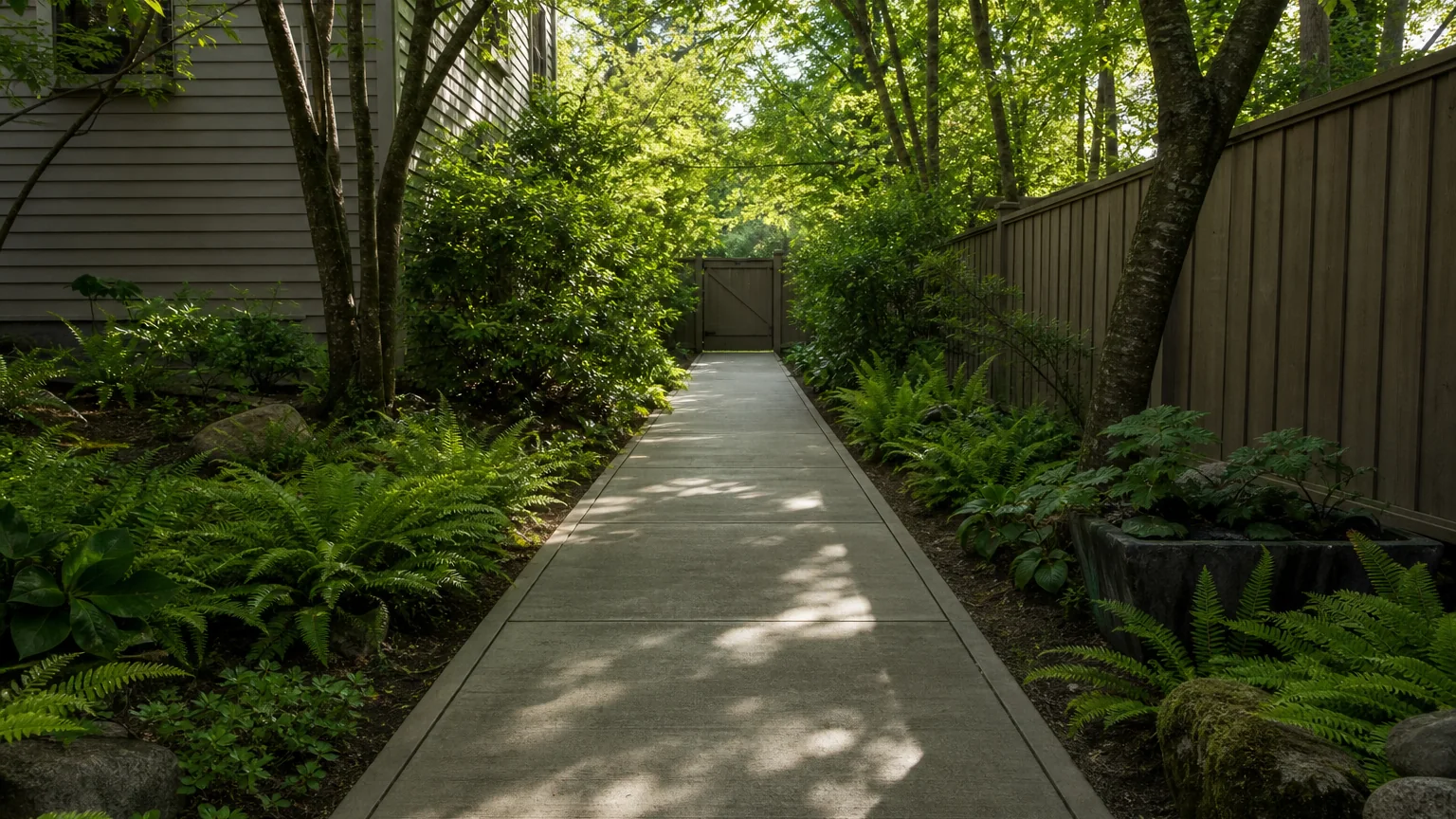Concrete woodland path curving through native ferns and shade planting toward a backyard gate.